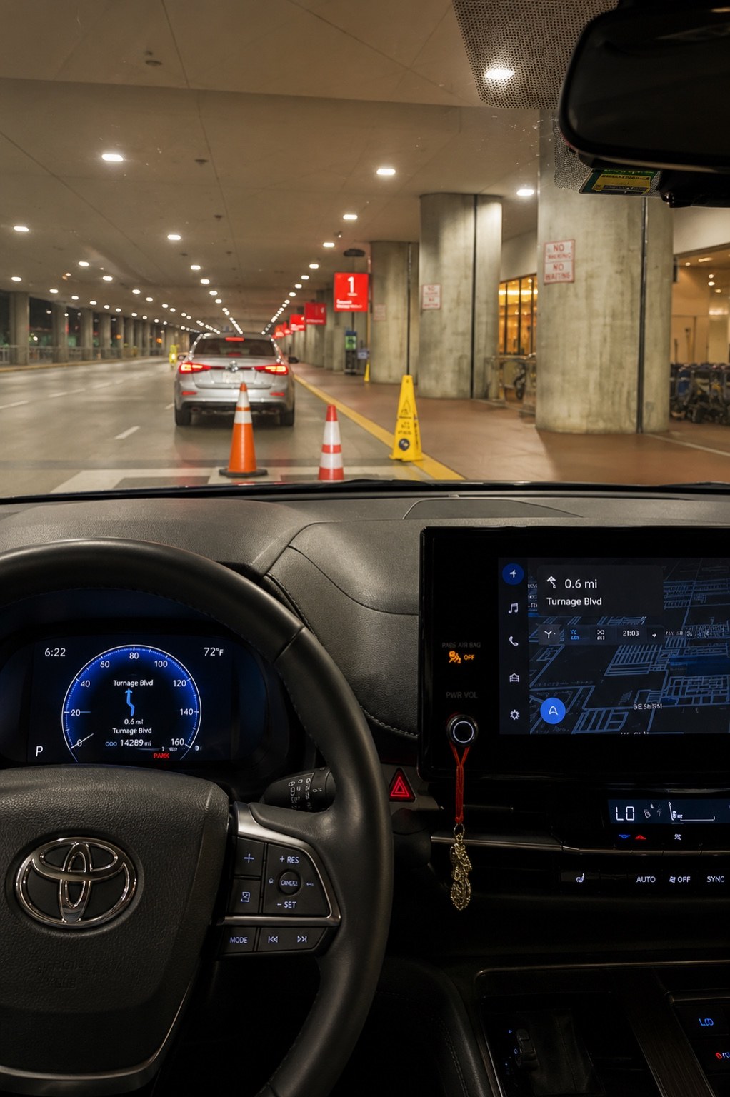 Airport pickup view from the Toyota Sienna